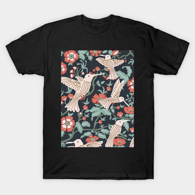 Hummingbirds in Floral Garden T-Shirt by sarakaquabubble